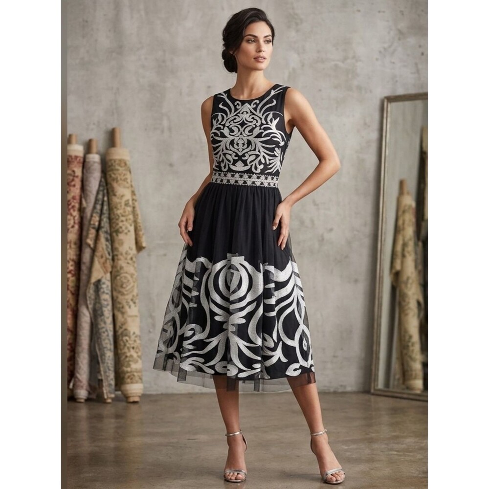 NWT BEBE Baroque Embroidered Whimsygoth Mesh Midi Cocktail Dress Black Silver 8